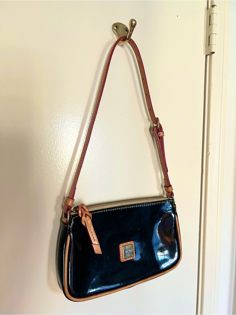 Dooney & Bourke Lexi Black Patent Bag with Tan Strap and Red Trim